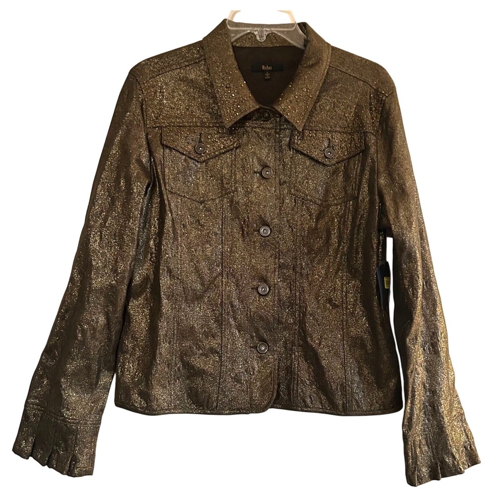 Reba Womens Shacket Jacket L Black Gold Paisley Shiny Metallic Rhinestone NWT